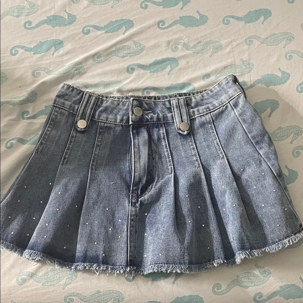 Denim Mini Skirt with Rhinestone Accents